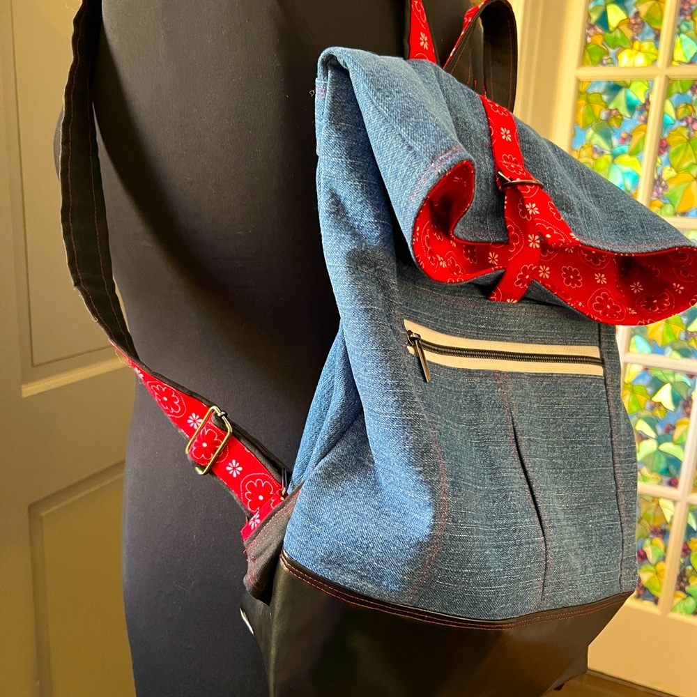 NWOT Handmade beautiful backpack made of blue denim, red/white cotton fabrics